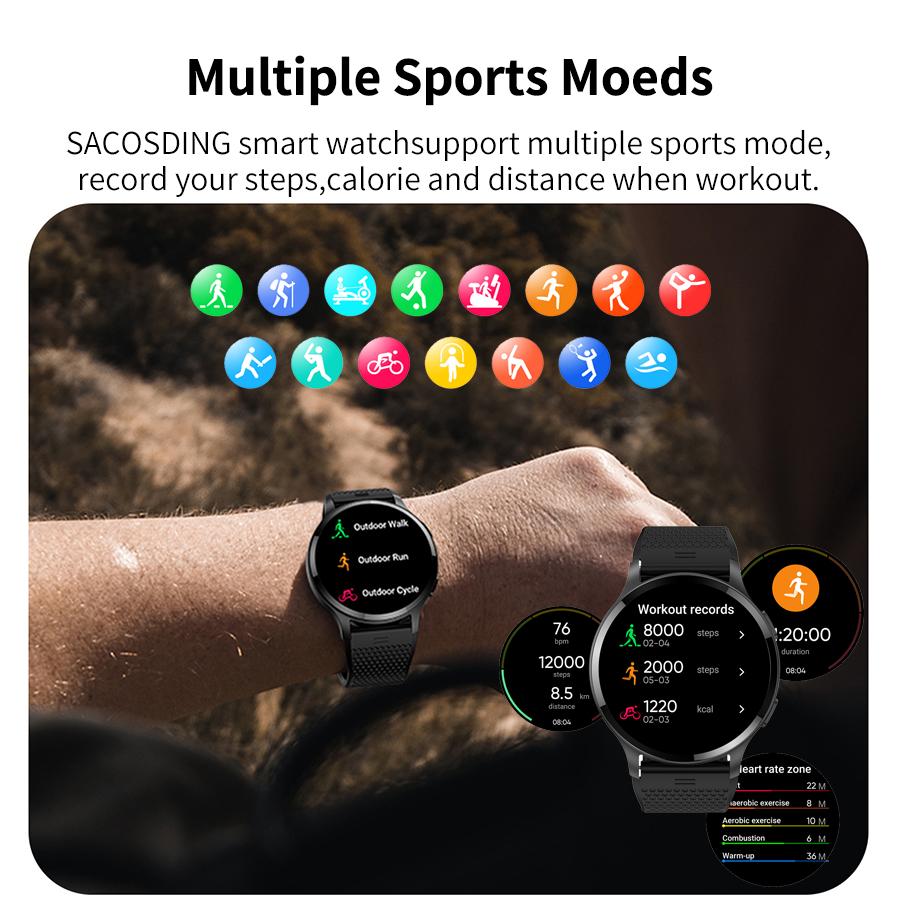 SACOSDING с сапфировым экраном 1,45-дюймовые умные часы для женщин, Bluetooth-вызов, спортивные трековые часы для мужчин, умные часы с пульсометром на заказ для Android 2024