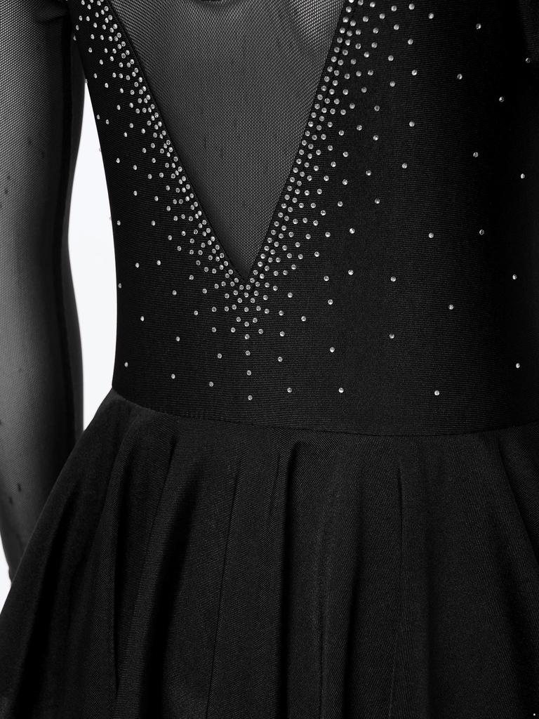 Детское стильное платье для катания на коньках для девочек с длинным рукавом и V-образным вырезом, стразами, лоскутным шитьем, открытой спиной, танцевальная одежда