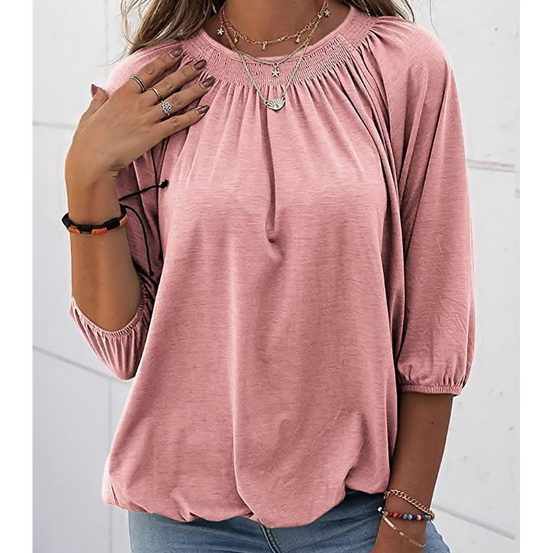Новинка 2024 года, осенний женский повседневный свободный плиссированный однотонный пуловер с круглым вырезом и рукавом три четверти, топ