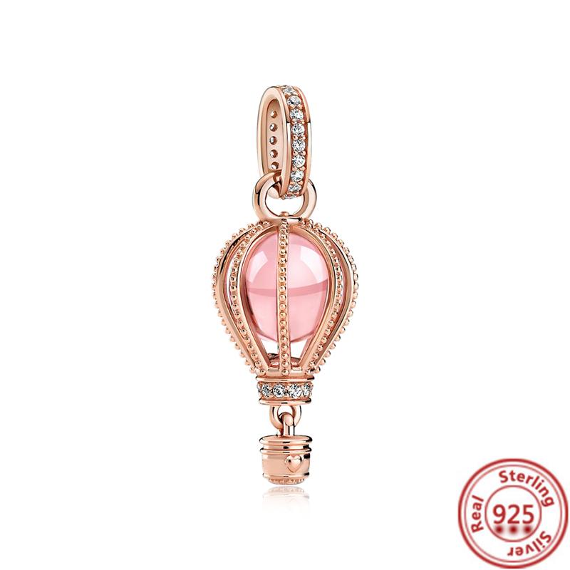 Hot Sale Rose Gold Series Pink Zircon Leaves Heart Pendant Sparkling Clip Bead Fit Charm Bracelet DIY S925 Silver Jewelry