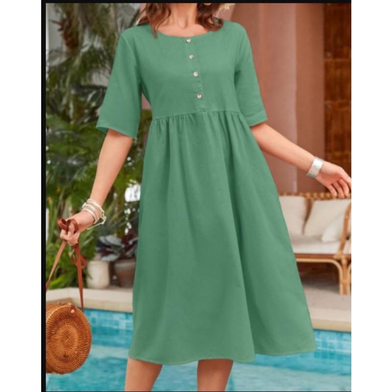 YYFS Женская мода лето весна однотонный принт с коротким рукавом и круглым вырезом свободная талия повседневные платья