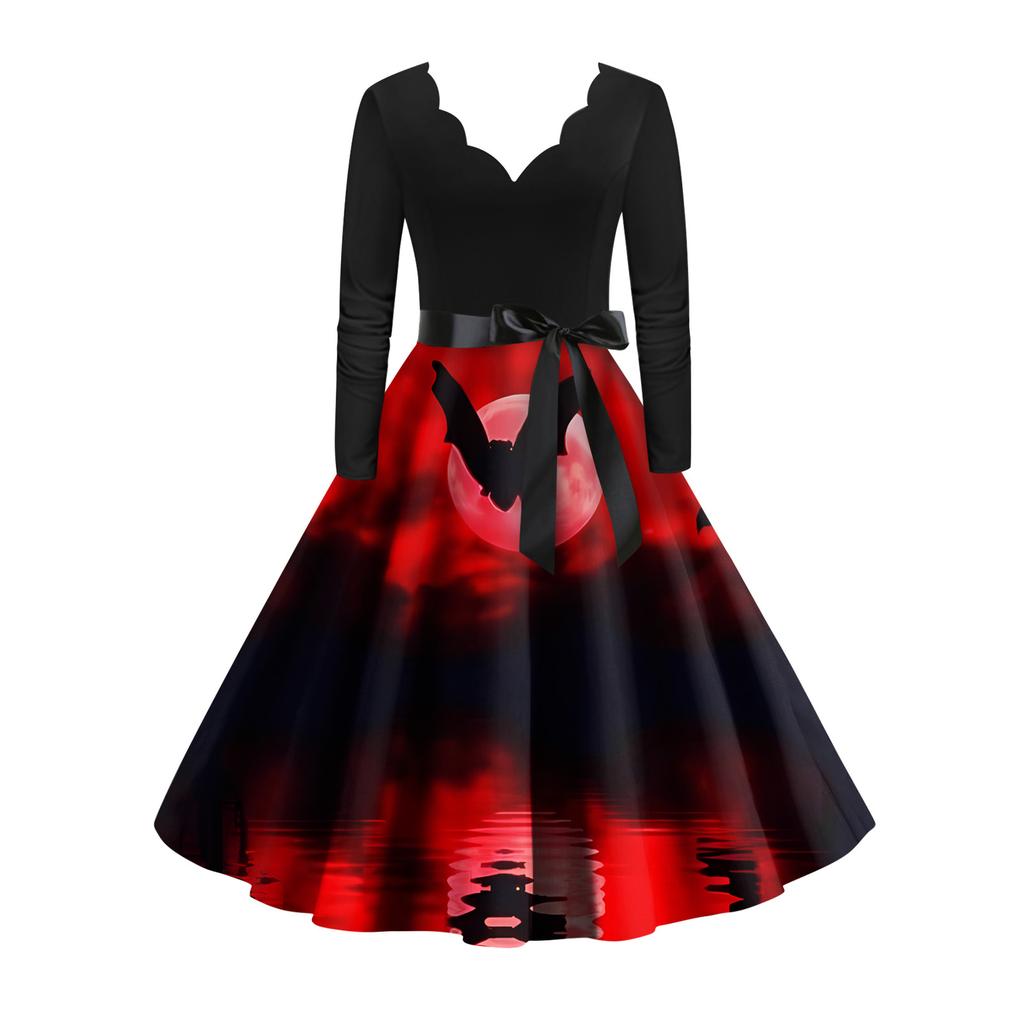 Женское винтажное классическое платье с вырезом на талии и галстуком-бабочкой с длинными рукавами на Хэллоуин с принтом и V-образным вырезом, свободное платье
