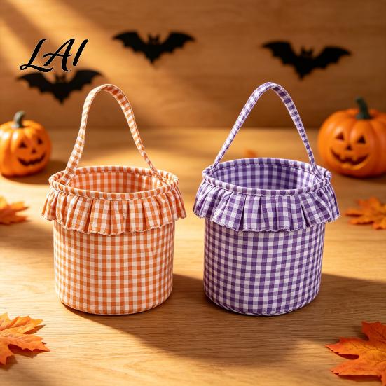 Versatile Household Storage Halloween Basket Plaid Treat Candy or Ruffle Trick Bucket with Handle Celebration