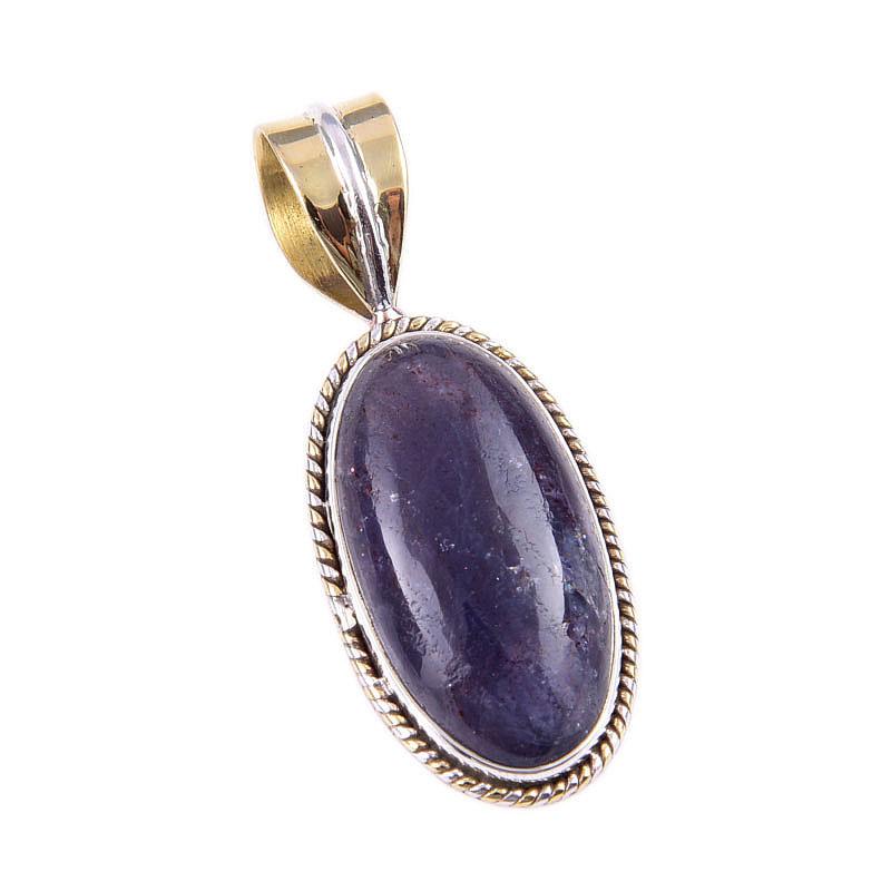 Natural Iolite Gemstone 925 Solid Sterling Silver Two Tone Pendant 1.50'' A8h23