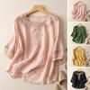 Women's Cotton Linen Embroidery Shirts Hollow Out Shirt with Half Sleeves Vintage Casual Summer Blouse for