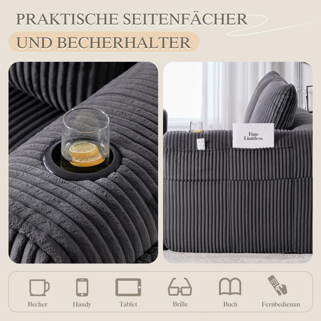 Cozy Corduroy Two-Seater Sofa – No Assembly, Soft Back Cushions, Side Storage Pocket for Remote Control and Phone, Cup Holder – Neat and Aesthetic.