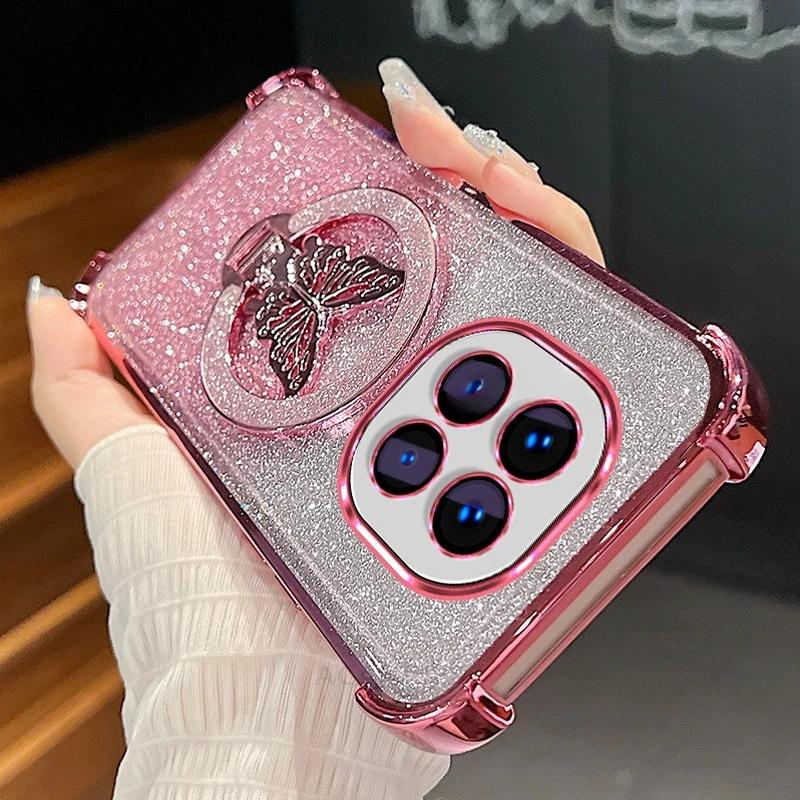 Чехол силиконовый с блестками и бабочкой-подставкой с градиентным покрытием для Xiaomi Redmi Note 14 Pro Plus, противоударный чехол для Mi Poco X7