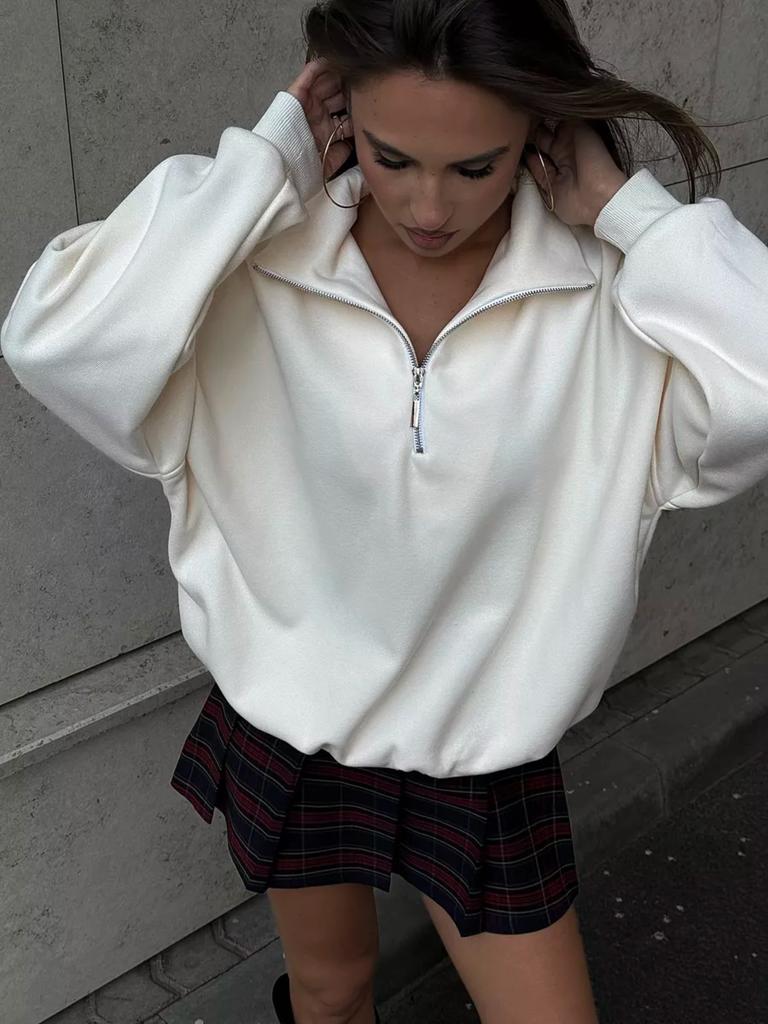 Однотонная верхняя одежда на половину молнии со стойкой воротником, модный трендовый свитшот с лацканами, свободный топ