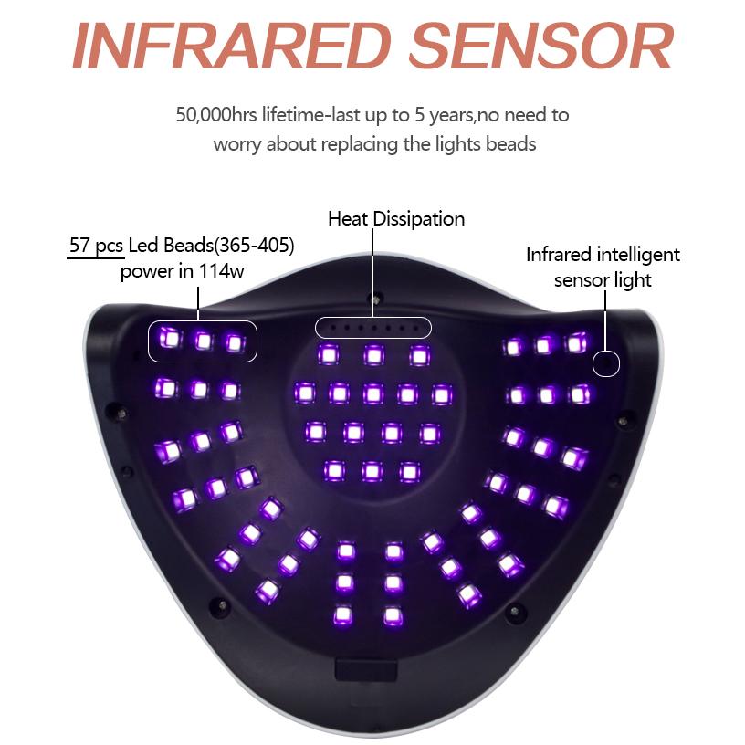 57 светодиодов УФ-светодиодная лампа для ногтей, акриловая гель-сушилка, лампа с умным датчиком, режим низкой температуры, фиолетовая машина для маникюра и салона дизайна ногтей