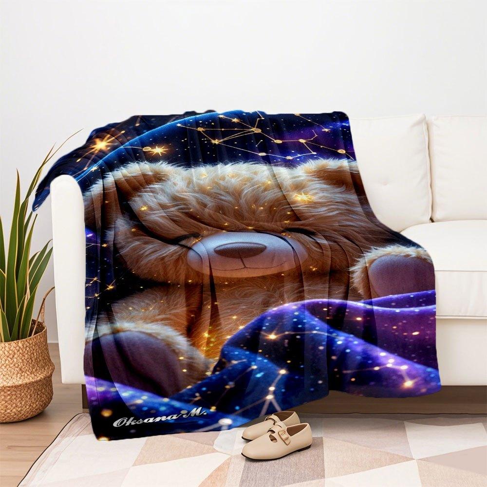 "Starry Night Teddy Bear Plush Toy - Celestial Comfort"Blanket Flannel Throw Blanket for Sofa, Bed, Travel, Camping, Office, Couch, Chair, A