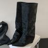 Новый Дизайн Плиссированные Танкетки Женские Сапоги до Колена Осень Зима Острый Носок Длинные Ботильоны Модные Высокие Каблуки Женская Обувь