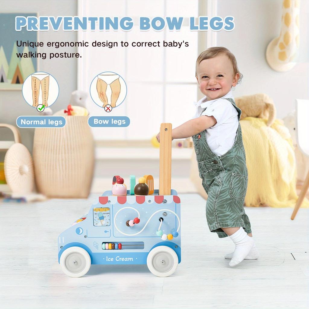 Деревянная детская ходунка, Ходунка-каталка для детей 12 мес.+, Многофункциональная тележка с мороженым, Регулируемая скорость, Обучение ходьбе с колесами