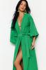 Women's Fashion New Kimono&Kaftan Green Belted Maxi Woven Linen Look KimonoKaftan
