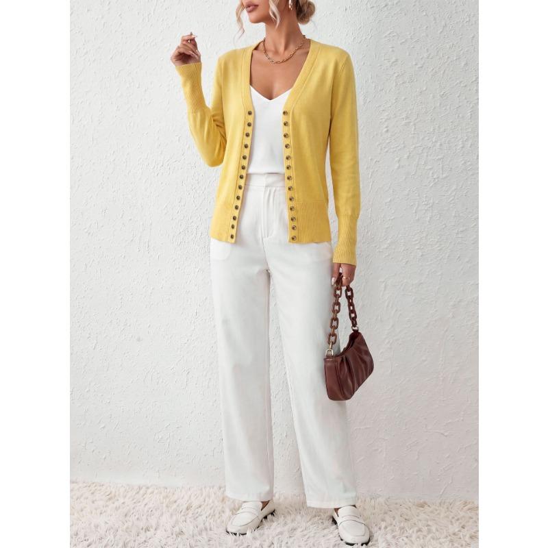 Women S Yellow V Neck Knit Cardigan Long Sleeve Slim Fit Sweater Coat