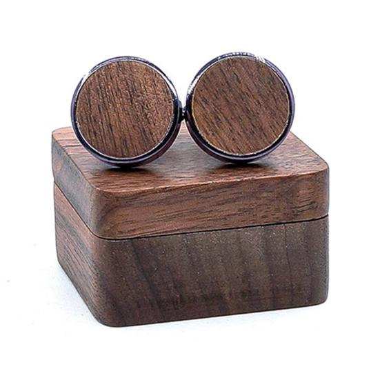 1 Pair Wooden Cufflinks with Storage Box Portable Magnetic Closure Men French Style