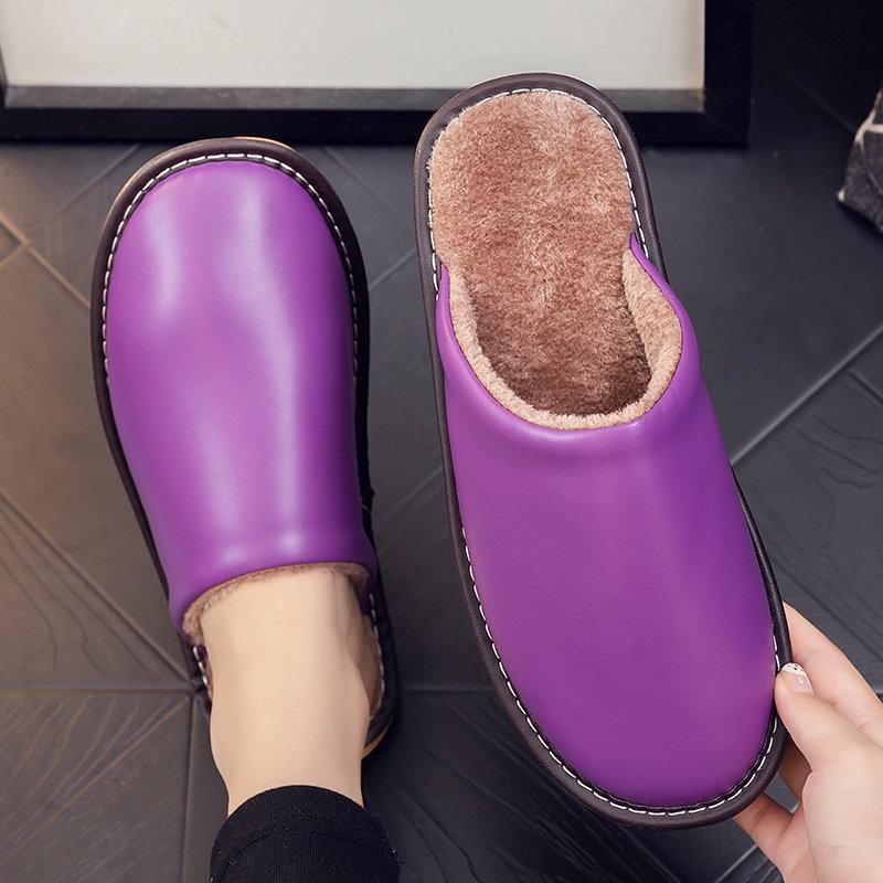 Водонепроницаемые кожаные шлепанцы слипоны с теплой плюшевой подкладкой для пар