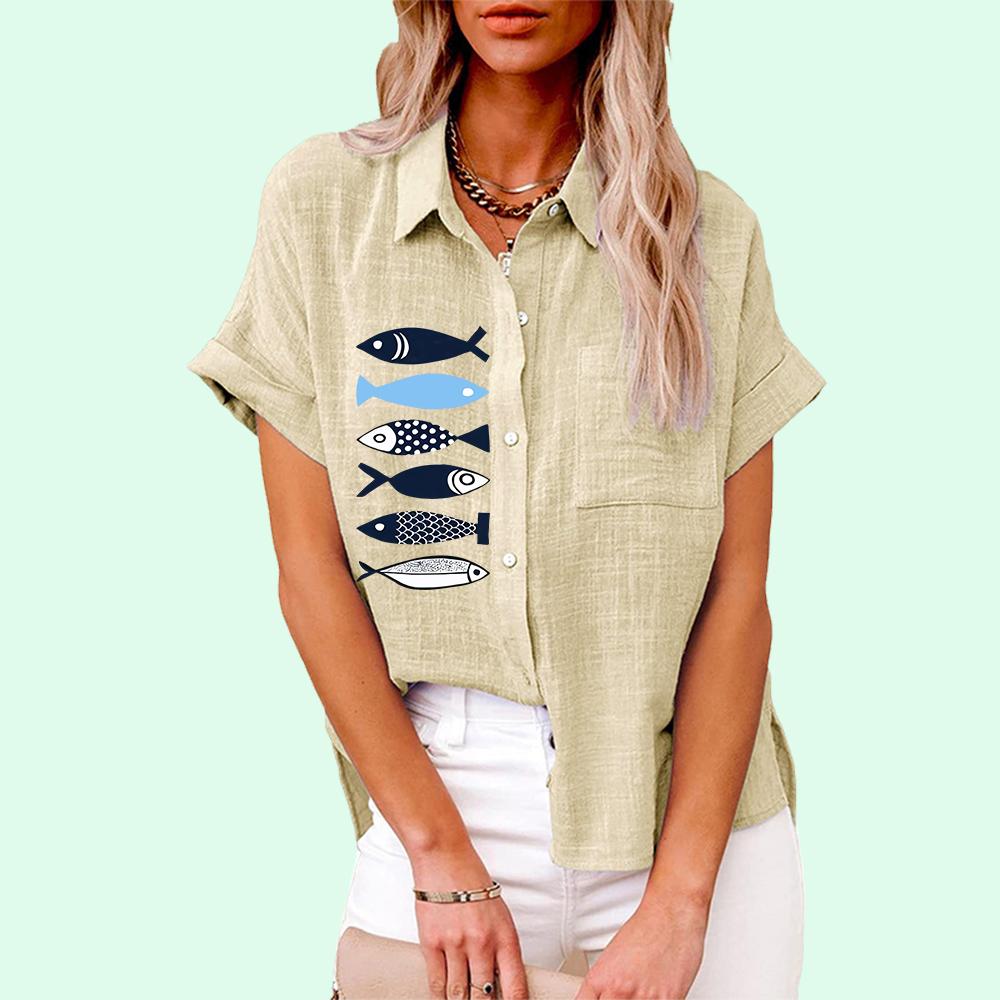 Большие размеры Женская модная блузка с принтом Свободная рубашка с коротким рукавом на пуговицах Женская повседневная льняная футболка Женская