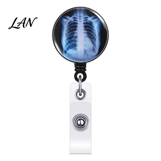 ID Card Holder Radiology Badge Reel, Retractable Skeleton with Clip, Chest Medical Student Skull Bones Patterns Name for Nurse Doctor Cards Clip