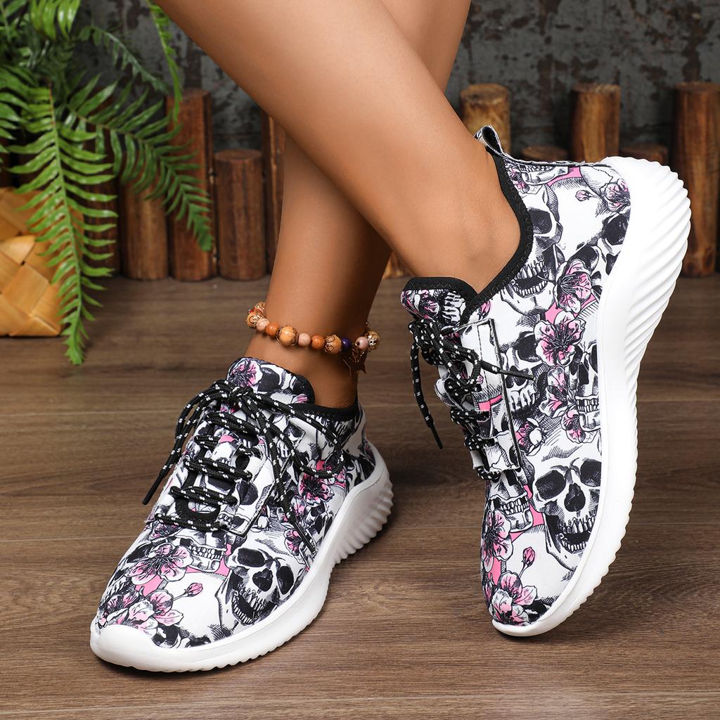 Новый узор с черепом и цветами Женские спортивные туфли Грязеустойчивые Прочные С круглым носком На шнуровке Кроссовки Дышащие Нескользящие Для улицы Путешествия