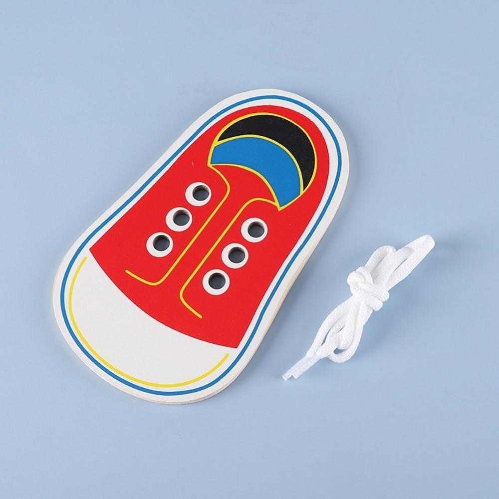 1 Piece Kids Cute Wooden Shoes Puzzles Toys Children Montessori Early Learning Tie Shoelaces Puzzles Wood Beads Lacing Board