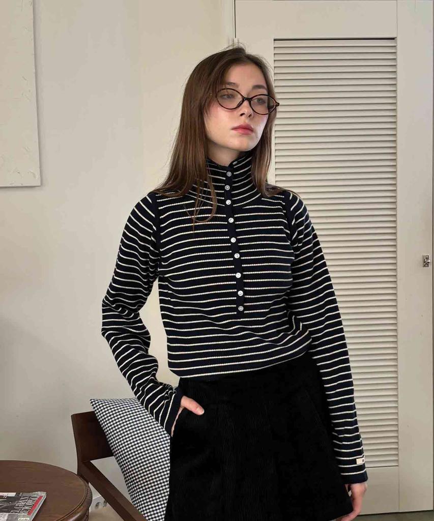 DELIDI Stripe Button Knit (Black)