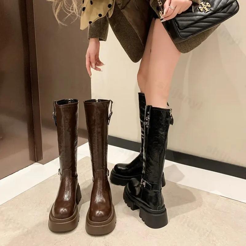 Рыцарские сапоги для женщин Ретро коричневые мотоциклетные сапоги с пряжкой на ремне, высокие женские сапоги с круглым носком, женская обувь на платформе для женщин