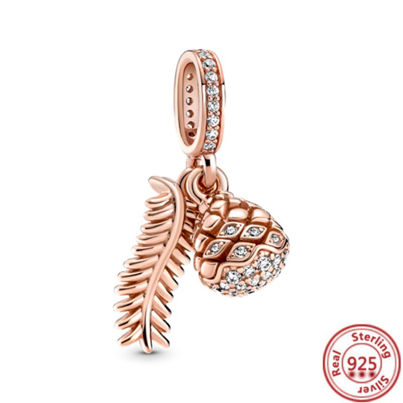 Hot Sale Rose Gold Series Pink Zircon Leaves Heart Pendant Sparkling Clip Bead Fit Charm Bracelet DIY S925 Silver Jewelry