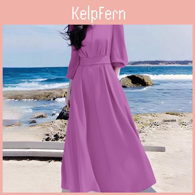 Zanzea Vneck Casual Loose Women 34 Sleeve Plain Long Dress