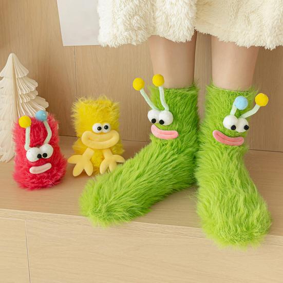 1 Pair Cartoon Socks Funny Expression Decoration Animal Big Eyes Thick Fuzzy Plush Warmth Retention Fall Winter Floor Socks Holiday Gift