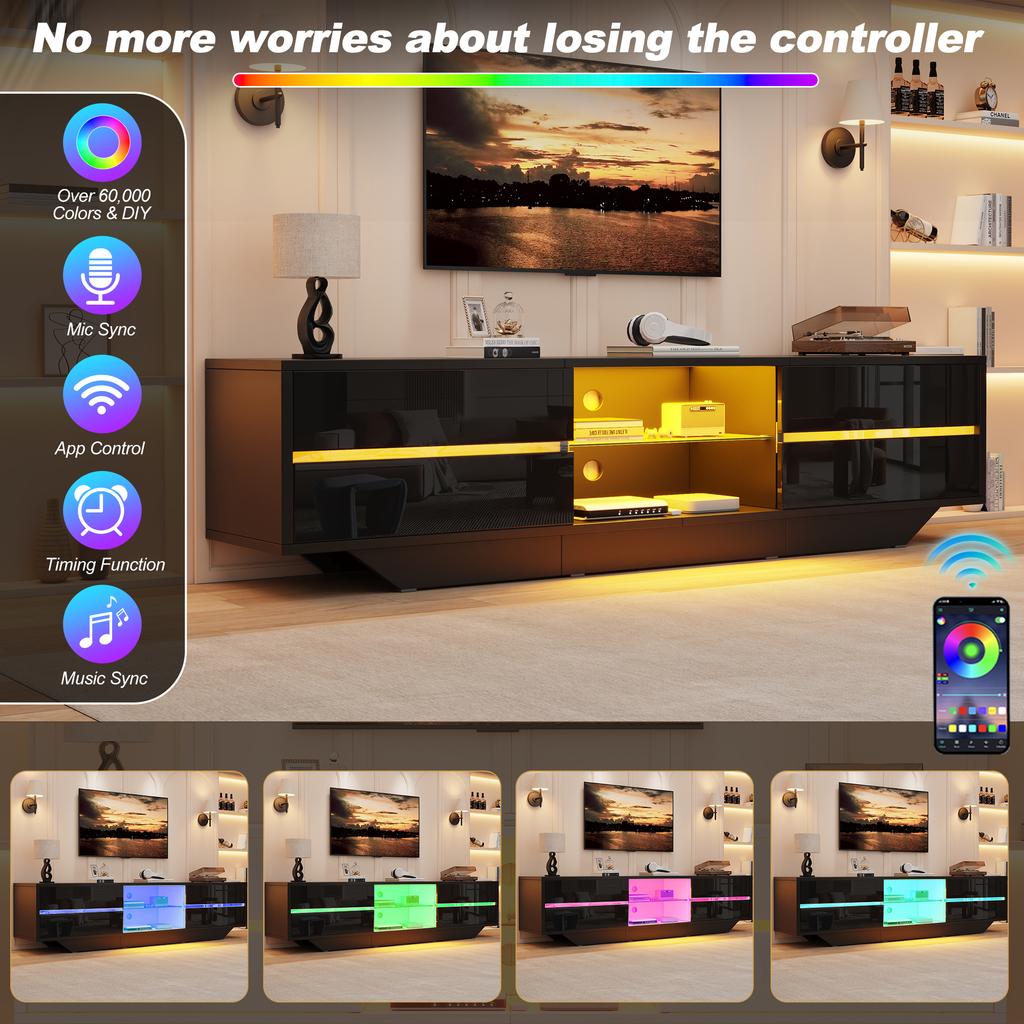 160*35*44.5cm Floor-standing TV cabinet, lowboard, 2 doors, high-gloss, LED lights, TV board, suitable for 65-inch TVs, black