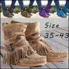 Women's Fahion Winter Round Head Flat Heels Fringe Ankle Boots Ladies Retro Suede Leather Short Tube Thick Tassel Ankle Snow Booties Plus Size 35-43