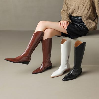 Модные женские новые осенне-зимние остроносые кожаные ковбойские сапоги из коровьей кожи на каблуке, очень большие и до колена, с боковой молнией