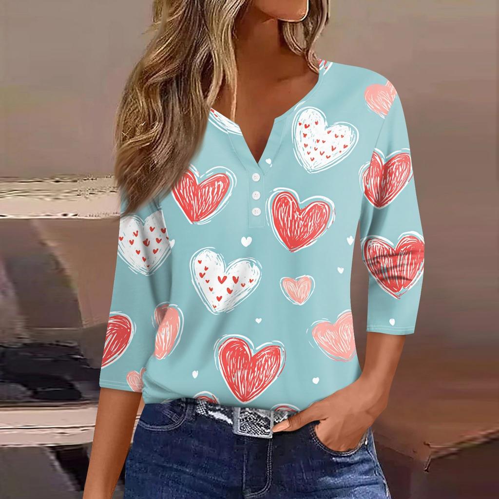 Женская футболка с принтом ко Дню святого Валентина, на пуговицах, рукав 3/4, туника, повседневная мода на выходные, базовый топ с V-образным вырезом