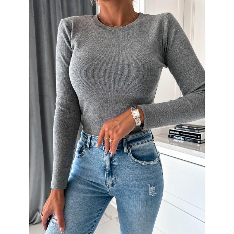 VEZFAA Женские модные повседневные весенне-осенние однотонные блузки и рубашки с круглым вырезом и длинными рукавами с принтом