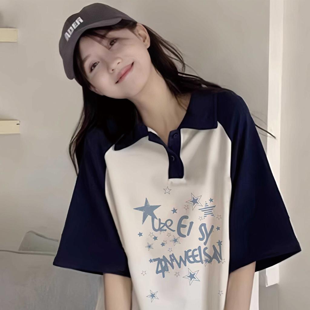 Lazy casual short sleeved T-shirt for women in the summer of 2025, new American retro style lapel splicing color blocking top