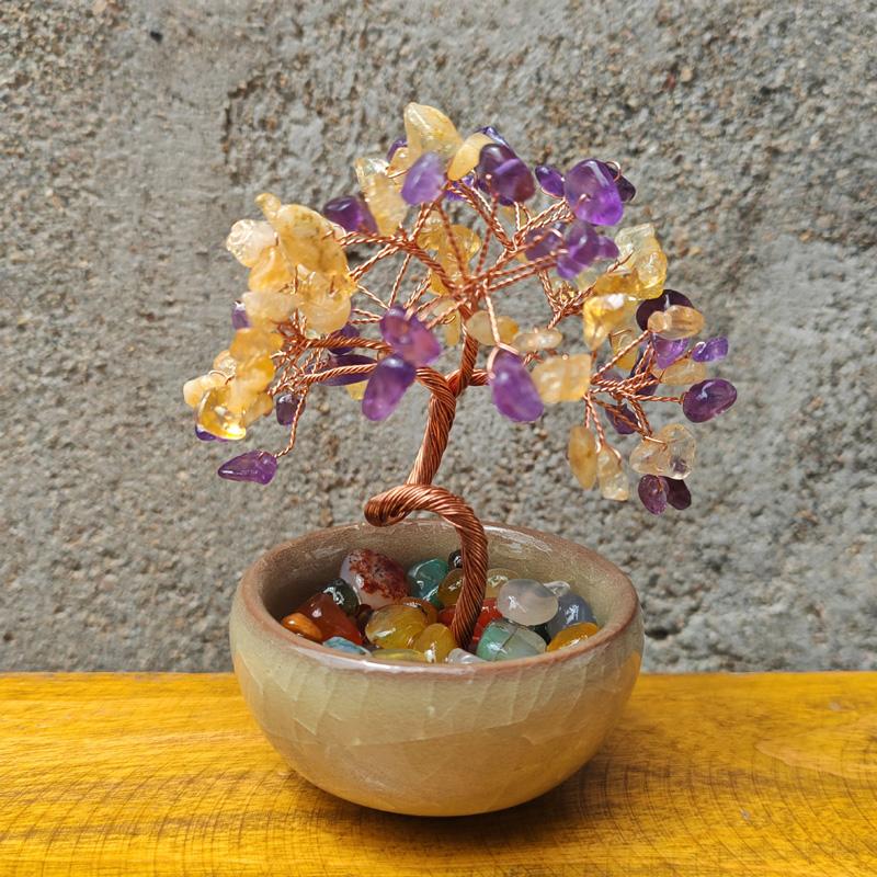 1PC Crystal Colorful Tea Cup Base Fashion Copper Wire Wrapped Natural Feng Shui Trees Home Decor Tabletop Ornaments