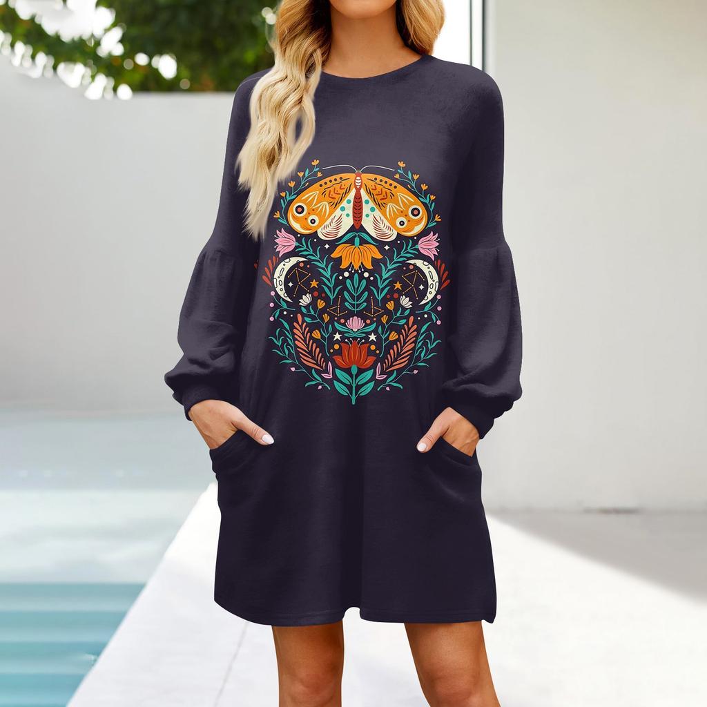 Fashion Womens Long Sleeve A Line Dress Fall Casual Pullover Crewneck Loose Fit Dress With Pockets