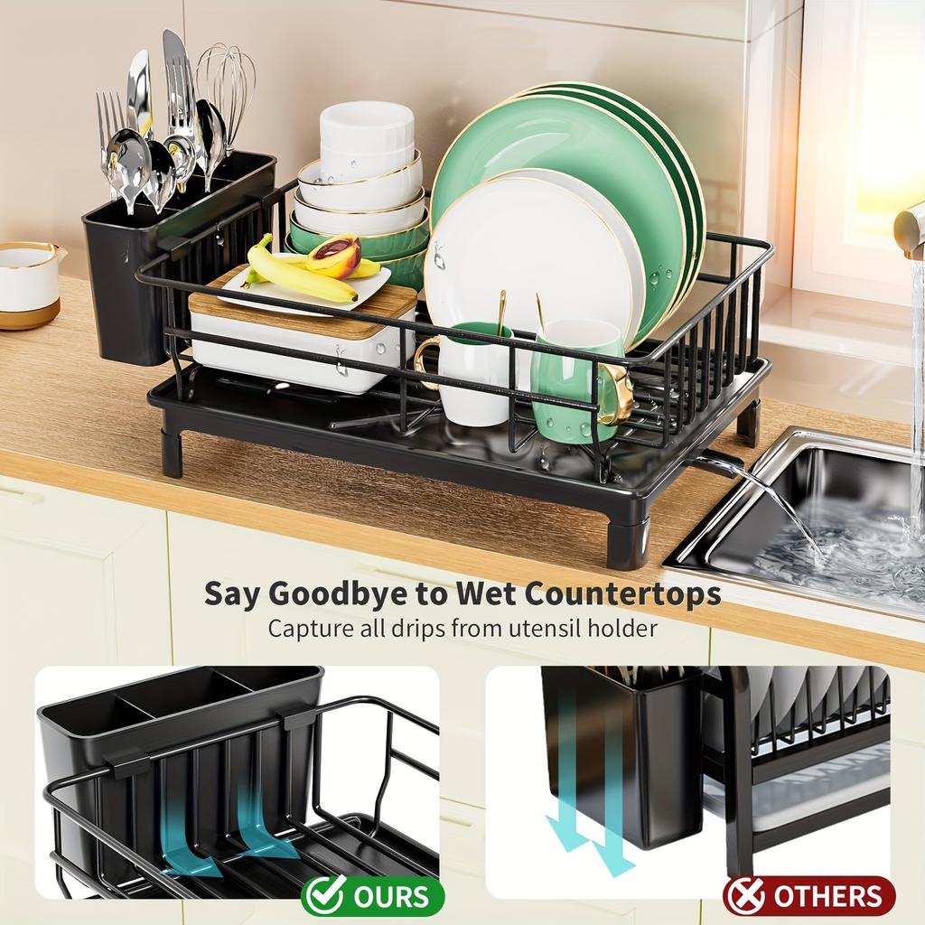 Dish Drying Rack With Utensil Holder And Drainboard, Space Saving Dish Rack, Dish Racks For Kitchen Counter, Easy Installation