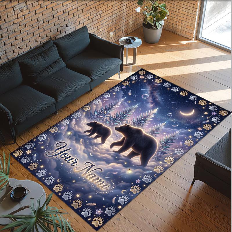 Teddy Bear Theme Crystal Velvet Rug Personalized Custom Name Text Soft Floor Mat Home Decor