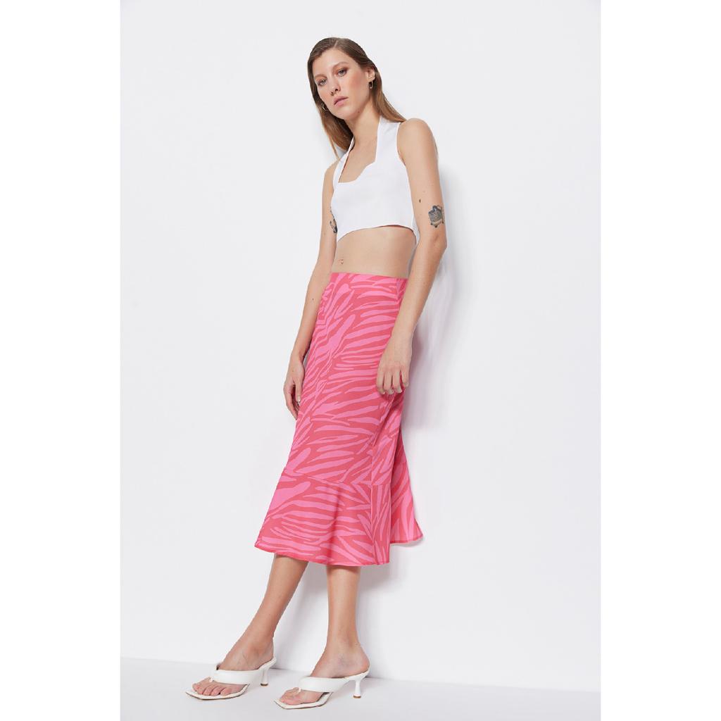 Pink Midi Knitted Skirt With Flounce Animal Pattern Skirt Twoaw20et0241