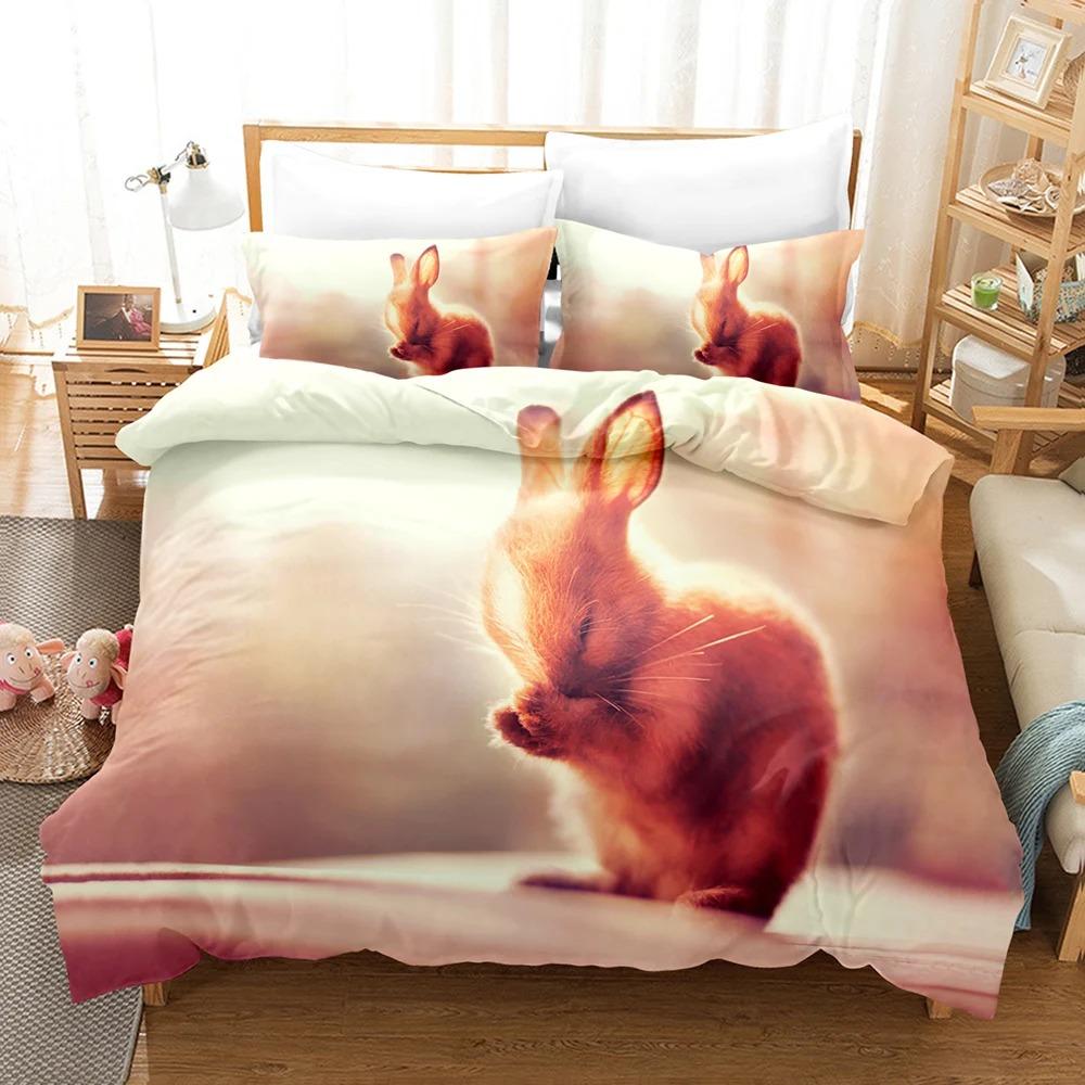 3D Постельное белье с кроликом Комплект пододеяльника с наволочкой Двуспальный Полуторный Двуспальный Кинг Постельные принадлежности Пододеяльник