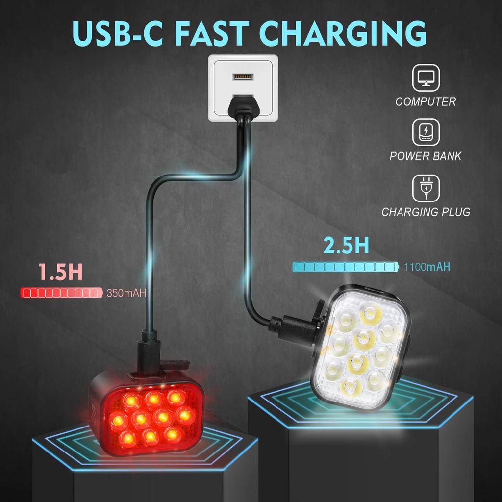 Комплект велосипедных фонарей BUCKLOS 1100 мАч 350 мАч Передний задний фонарь для велосипеда USB-аккумуляторная велосипедная фара Задний фонарь Сверхлегкие фонари