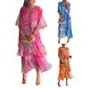Women's Summer Chiffon Dress Printed Short Sleeve V Neck Flowy Maxi Dress Loose Layered Ruffle Lace-Up Long Dress