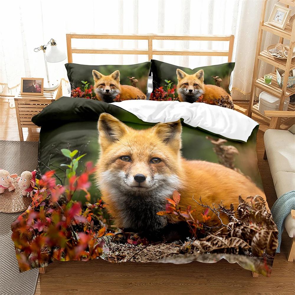 Fox Duvet Cover Collection Cartoon Cute Fox Polyester Comforter Cover King Queen Full Size For Kid Boy Girl Bedding Collection With Pillowcase