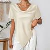 ZANZEA Women Elegant Cowl Neck Short Sleeve Irregular Hem Blouse