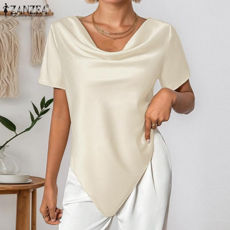 ZANZEA Women Elegant Cowl Neck Short Sleeve Irregular Hem Blouse