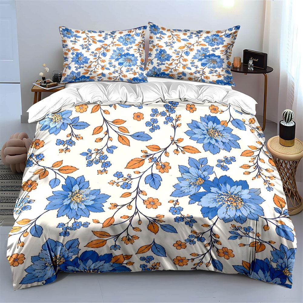 Blue and Orange Floral Pattern Background Print Bedding Set 1 Duvet Cover 2 Pillowcases for Adult and Children Luxury GiftSize