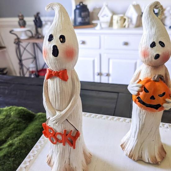 Ghost Figurine Resin Ghost Ornament with Pumpkin Desktop Ghost Sculpture for Halloween