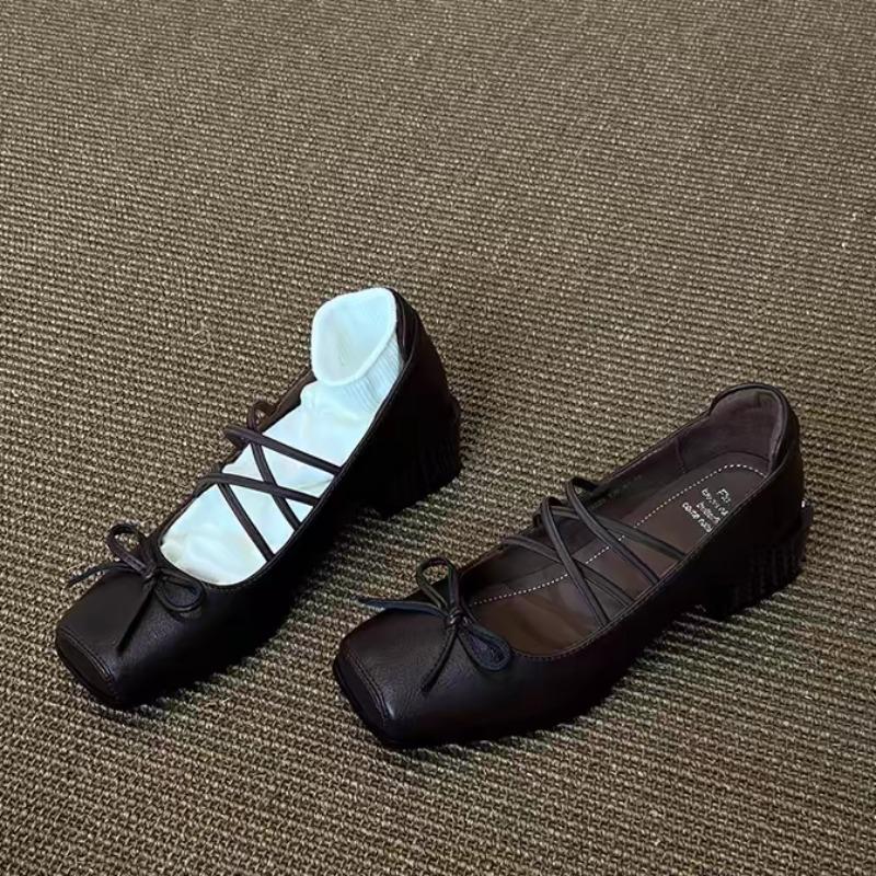 Мода 2025 Красивый бант Тонкий ремешок Туфли Мэри Джейн Женские Туфли с квадратным носком и квадратным каблуком