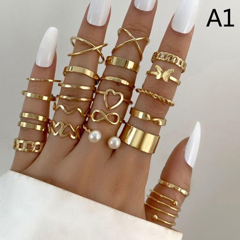 22pcs Set Vintage Hollow Heart Butterfly Rings Set For Women Metal Silver Color Geometric Spiral Shape Ring Rendy Jewelry